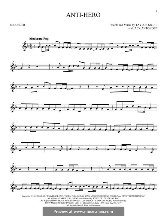 Anti-Hero (Taylor Swift): For recorder by Jack Antonoff