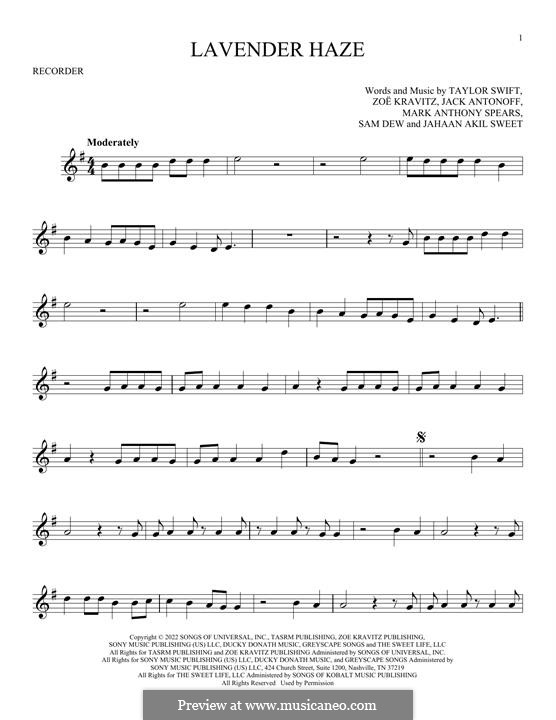 Lavender Haze (Taylor Swift): For recorder by Jack Antonoff