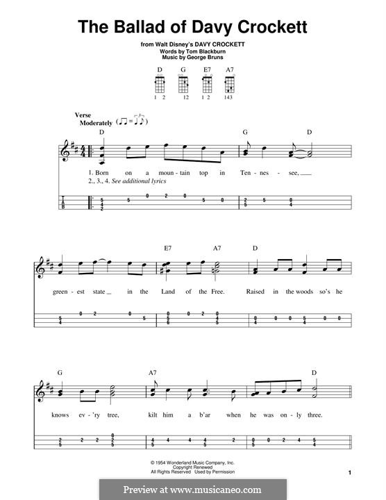 The Ballad of Davy Crockett (from Davy Crockett): For mandolin by George Bruns