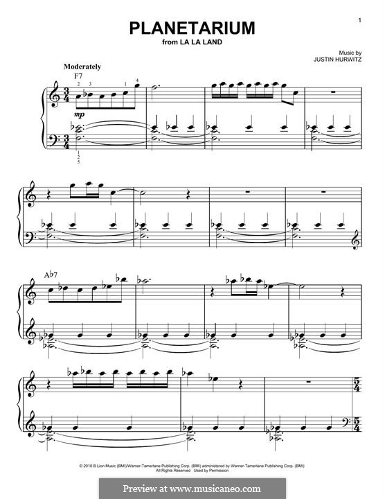 Planetarium (from La La Land): For piano by Justin Hurwitz