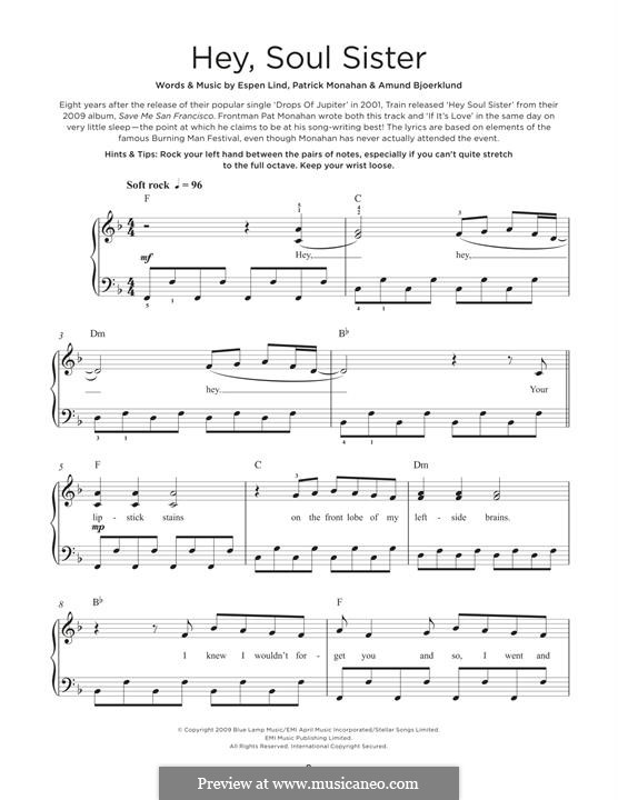 Hey, Soul Sister (Train): For piano by Amund Bjorklund, Espen Lind, Patrick Monahan