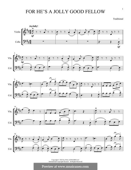 For He's a Jolly Good Fellow: For violin and cello by folklore