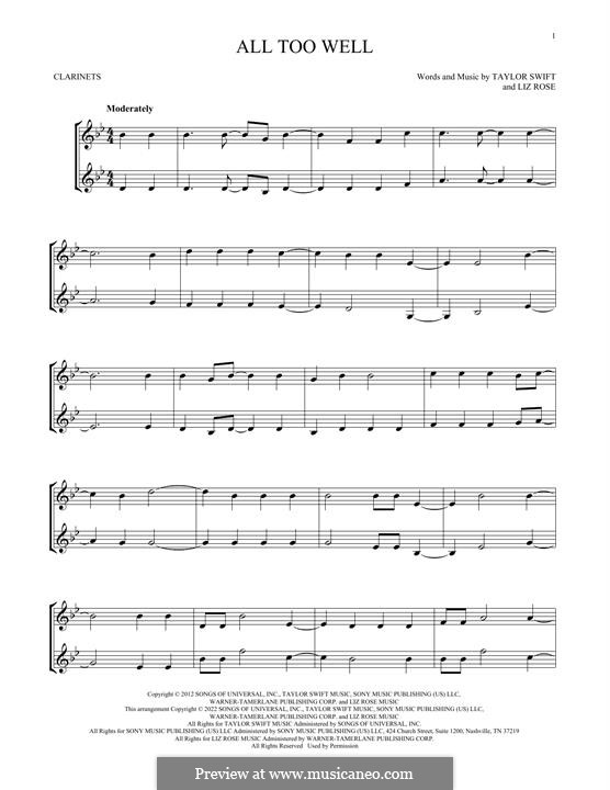 All Too Well (Taylor Swift): For two clarinets by Liz Rose