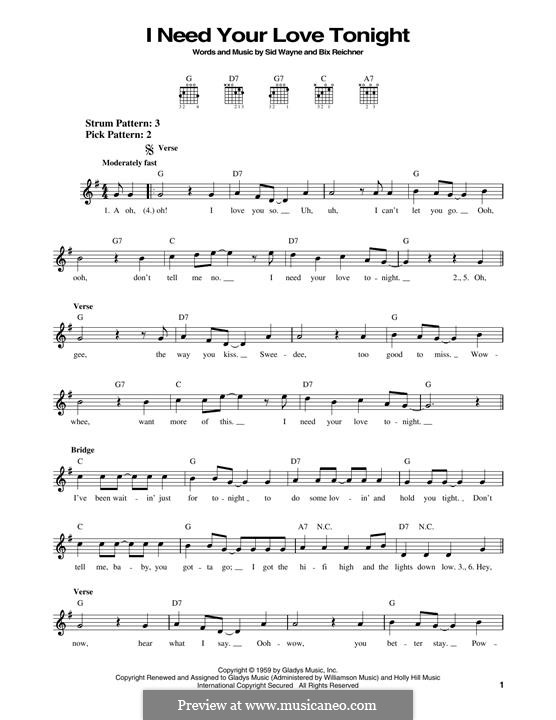 I Need Your Love Tonight (Elvis Presley): For guitar by Bix Reichner, Sid Wayne