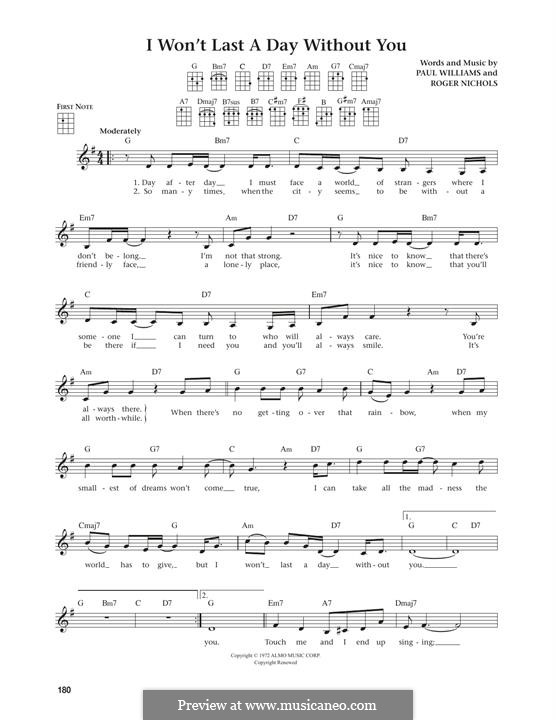 I Won't Last a Day without You (Carpenters): For ukulele by Paul H. Williams, Roger Nichols