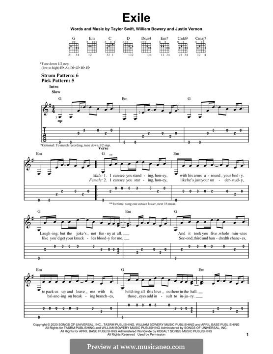 Exile (feat. Bon Iver): For guitar by Justin Vernon, Taylor Swift, William Bowery