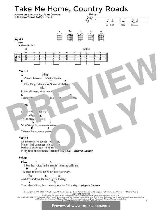 Take Me Home, Country Roads: Lyrics and guitar chords by Bill Danoff, John Denver, Taffy Nivert