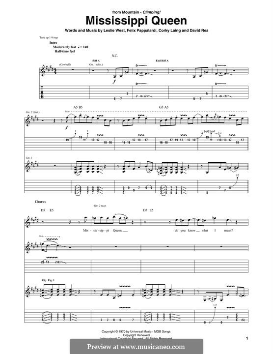 Mississippi Queen (Mountain): For guitar by Corky Laing, David Rea, Felix Pappalardi, Leslie West
