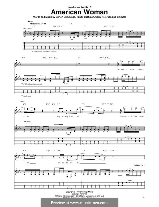 American Woman (Lenny Kravitz): For guitar by Burton Cummings, Garry Peterson, Jim Kale, Randy Bachman
