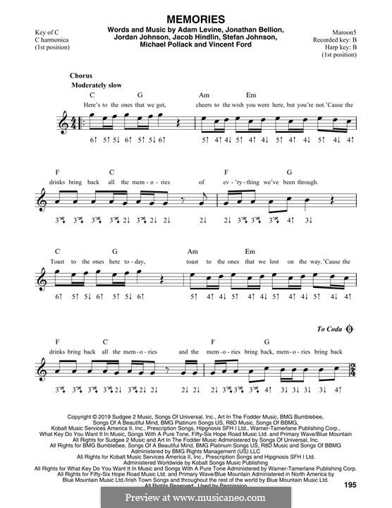 Memories (Maroon 5): For harmonica by Adam Levine, Jacob Kasher Hindlin, Vincent Ford, Jonathan Bellion, Stefan Johnson, Michael Pollack