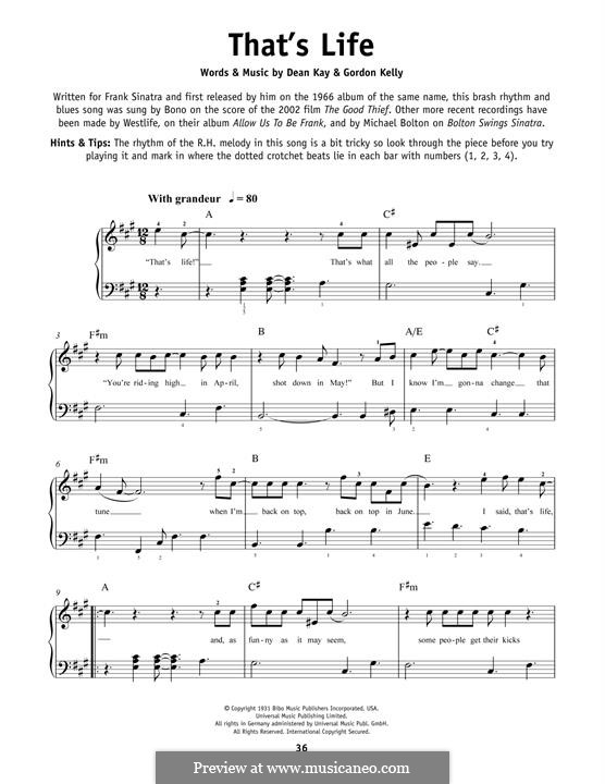 That's Life (Frank Sinatra): For piano by Dean Kay, Kelly Gordon