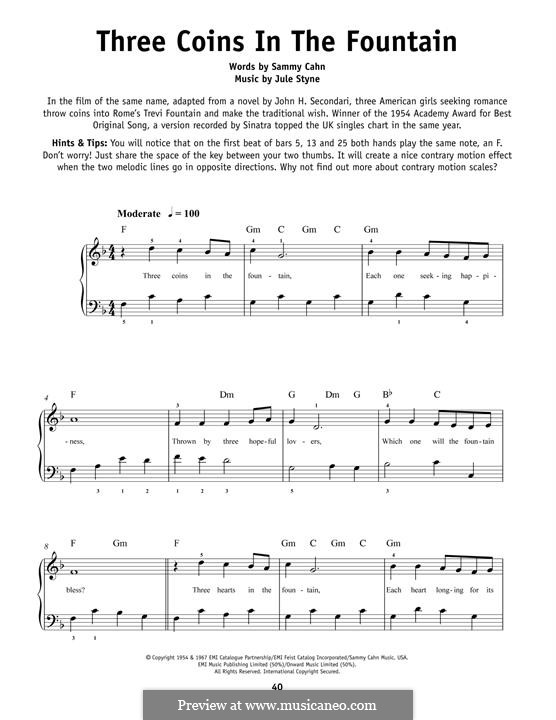 Three Coins in the Fountain (Frank Sinatra): For piano by Jule Styne