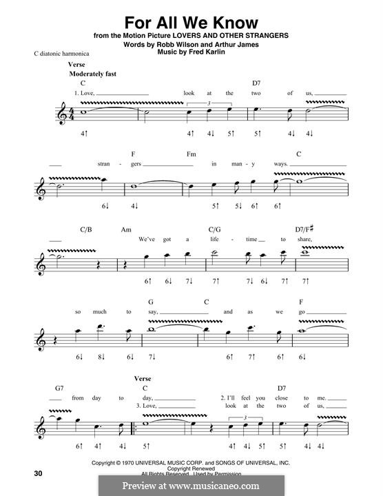 For All We Know (Carpenters): For harmonica by Fred Karlin, Jimmy Griffin, Robert Wilson