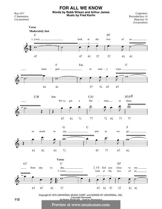 For All We Know (Carpenters): For harmonica by Fred Karlin, Jimmy Griffin, Robert Wilson