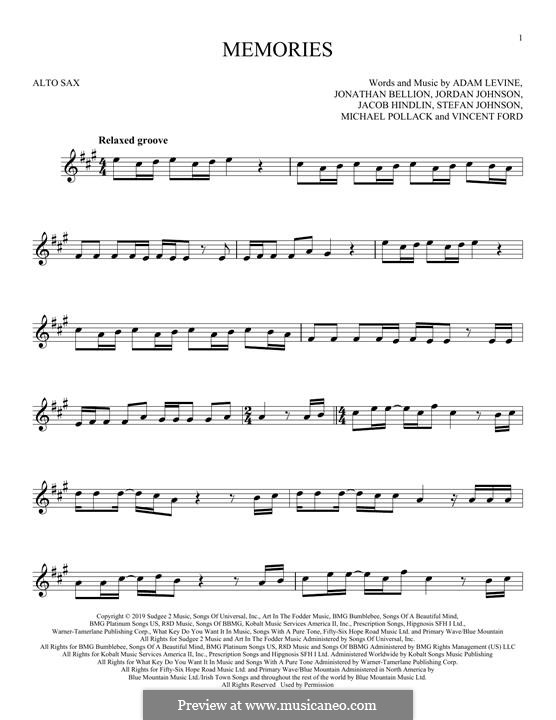 Memories (Maroon 5): For alto saxophone by Adam Levine, Jacob Kasher Hindlin, Vincent Ford, Jonathan Bellion, Stefan Johnson, Michael Pollack