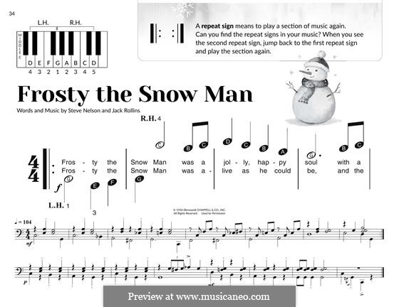 Frosty the Snow Man, for Piano: Easy notes by Jack Rollins, Steve Nelson