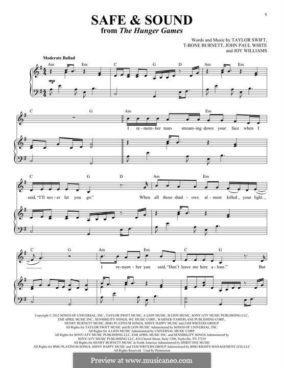 Safe and Sound (Taylor Swift feat. The Civil Wars): For voice and piano by John Paul White, Joy Williams, T-Bone Burnett, Taylor Swift