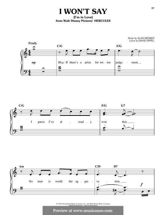 I Won't Say (I'm in Love) from Hercules: For piano by Alan Menken