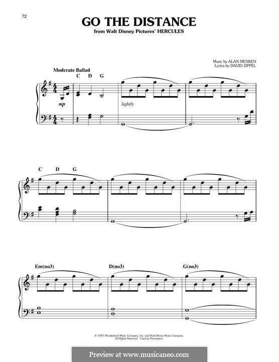 Go the Distance (from Hercules): For piano by Alan Menken