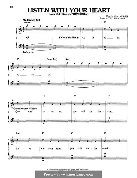 Listen With Your Heart (from Pocahontas): For piano by Alan Menken