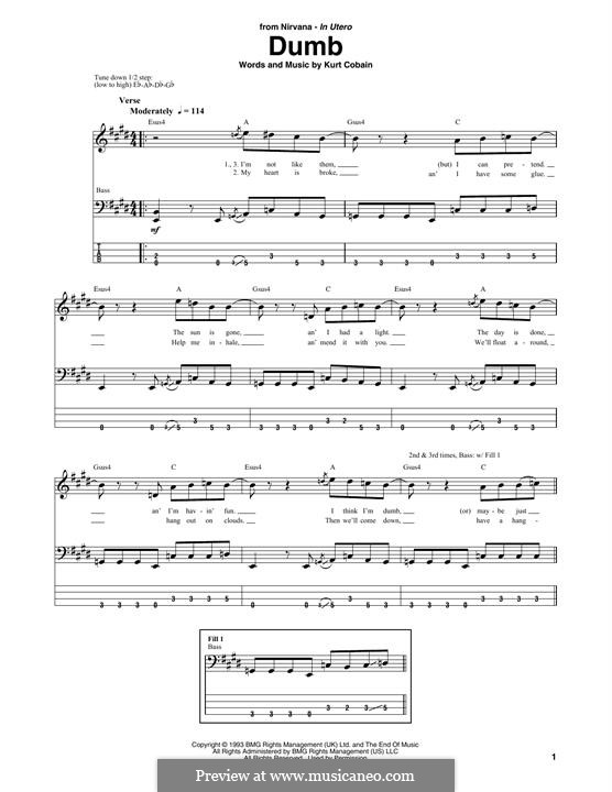 Dumb (Nirvana): For bass guitar with tab by Kurt Cobain