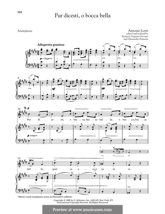 Pur dicesti, o bocca bella: Medium High Voice by Antonio Lotti
