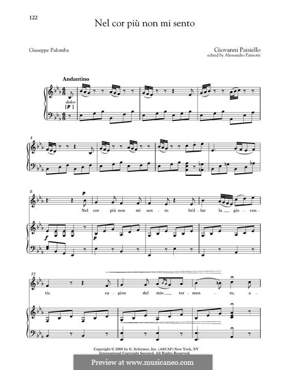 La bella molinara. Nel cor più non mi sento, R 1.76: Medium Low Voice by Giovanni Paisiello