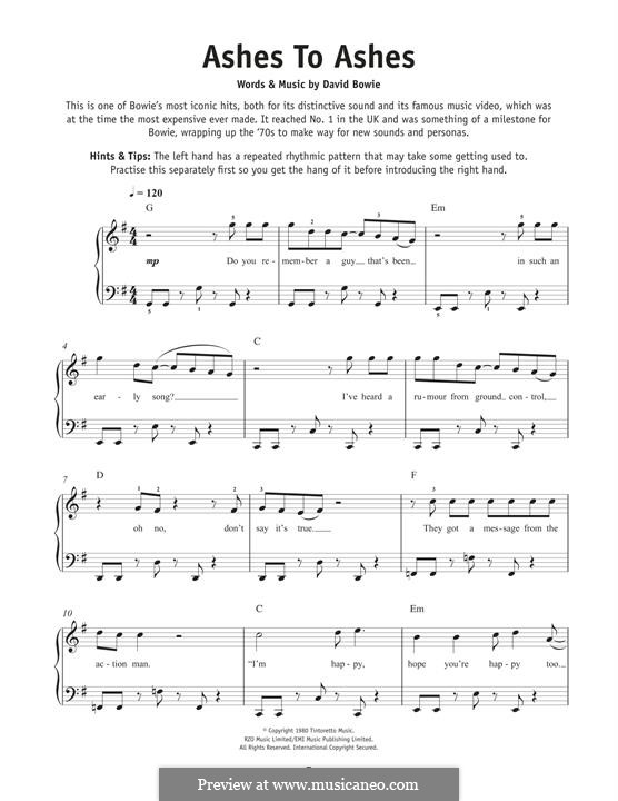 Ashes to Ashes: For piano by David Bowie