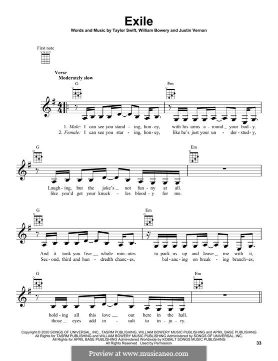 Exile (feat. Bon Iver): For ukulele by Justin Vernon, Taylor Swift, William Bowery