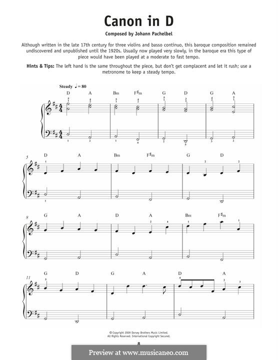 Piano version: For a single performer by Johann Pachelbel