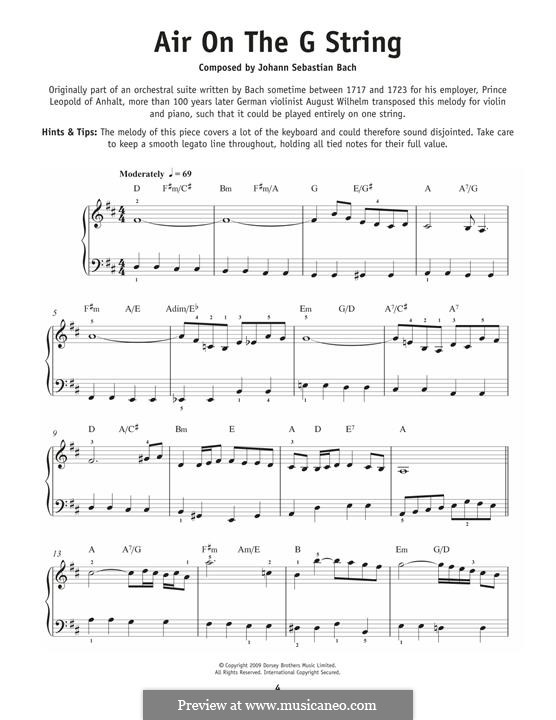 Aria (Printable Scores): Version for easy piano by Johann Sebastian Bach