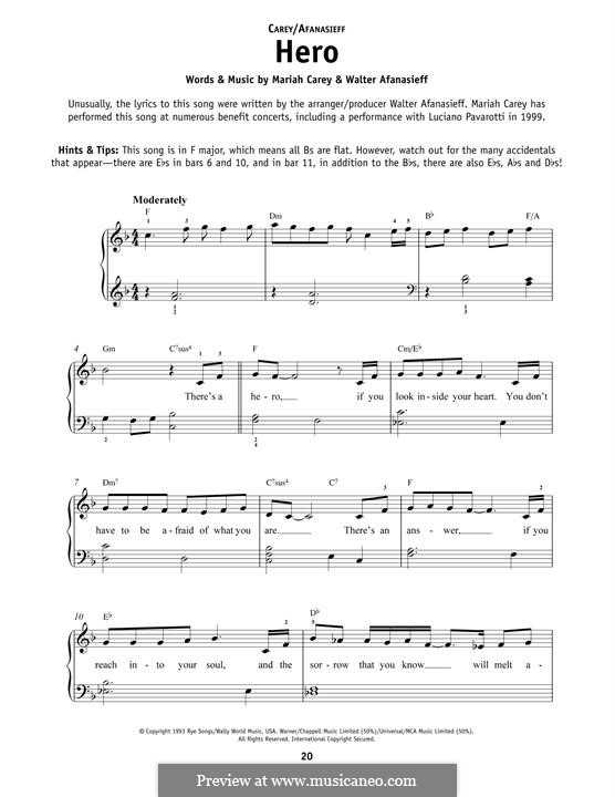 Hero: For piano by Mariah Carey, Walter Afanasieff