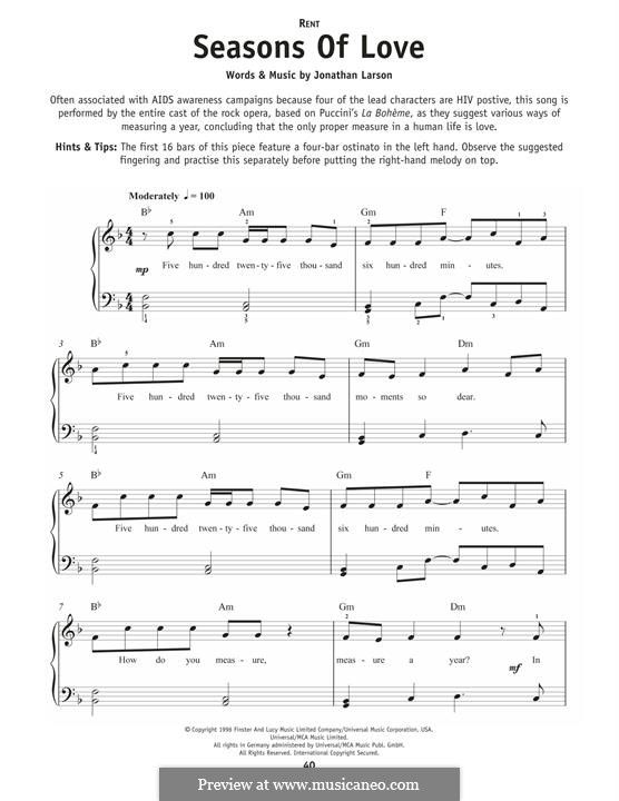 Seasons of Love (from Rent): For piano by Jonathan Larson