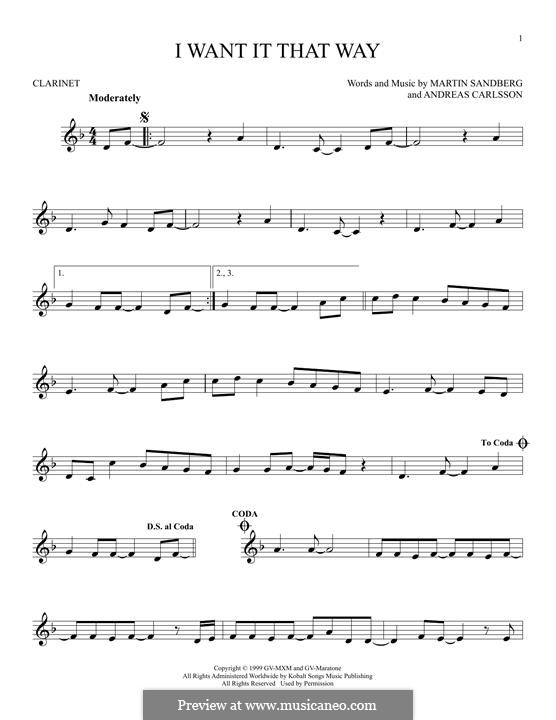 I Want It That Way (Backstreet Boys): For clarinet by Andreas Carlsson, Max Martin
