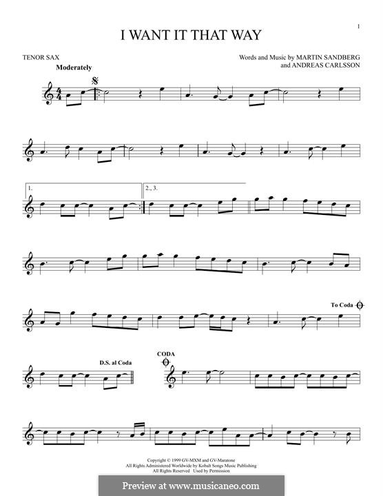 I Want It That Way (Backstreet Boys): For tenor saxophone by Andreas Carlsson, Max Martin