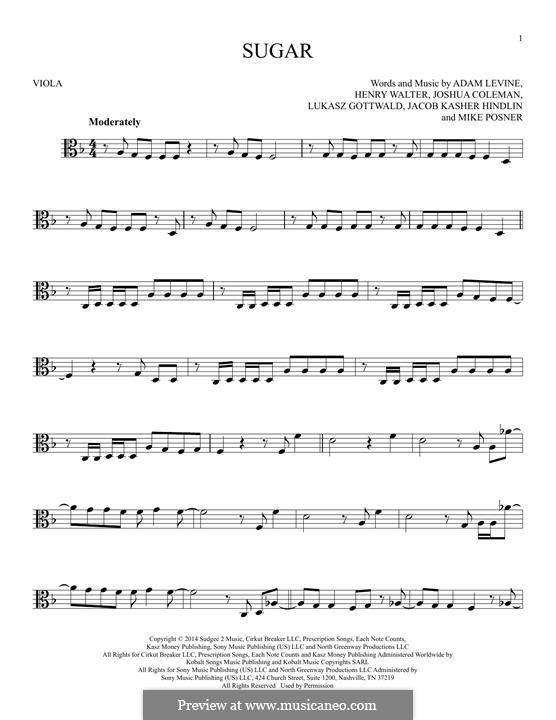 Sugar (Maroon 5): For viola by Adam Levine, Jacob Kasher Hindlin, Joshua Coleman, Lukas Gottwald, Mike Posner, Henry Russell Walter