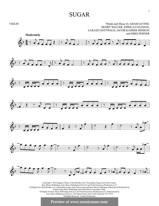 Sugar (Maroon 5): For violin by Adam Levine, Jacob Kasher Hindlin, Joshua Coleman, Lukas Gottwald, Mike Posner, Henry Russell Walter