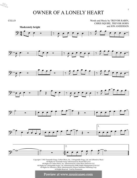 Owner of a Lonely Heart (Yes): For cello by Chris Squire, Jon Anderson, Trevor Horn, Trevor Rabin