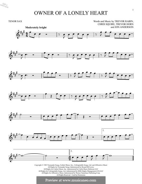 Owner of a Lonely Heart (Yes): For tenor saxophone by Chris Squire, Jon Anderson, Trevor Horn, Trevor Rabin