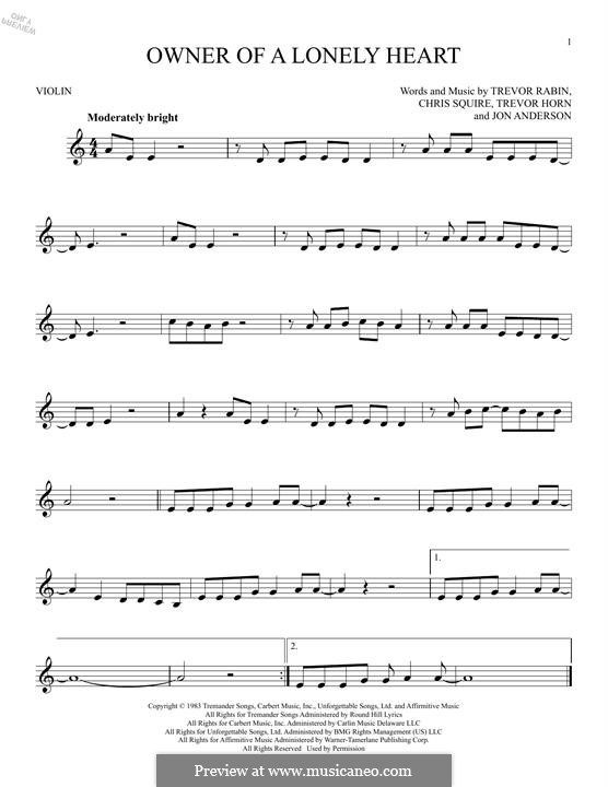 Owner of a Lonely Heart (Yes): For violin by Chris Squire, Jon Anderson, Trevor Horn, Trevor Rabin