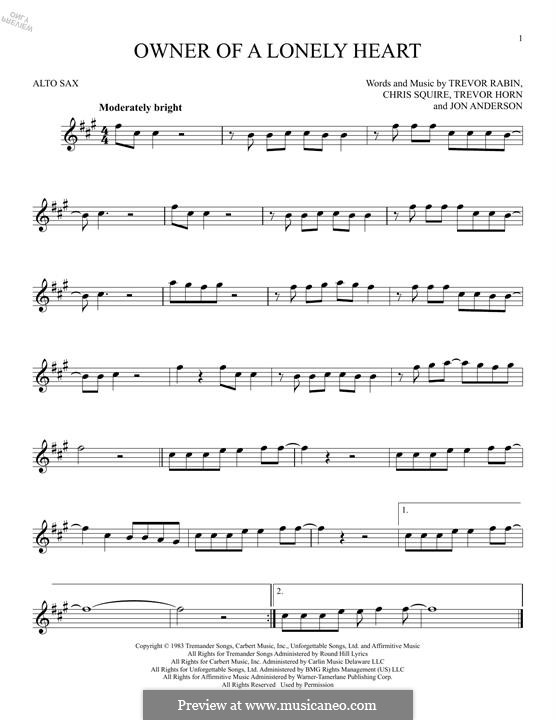 Owner of a Lonely Heart (Yes): For alto saxophone by Chris Squire, Jon Anderson, Trevor Horn, Trevor Rabin