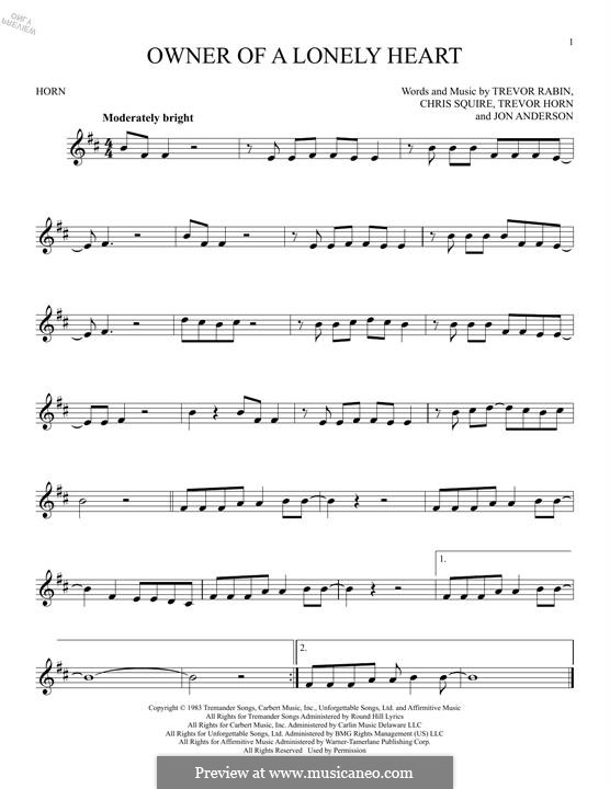 Owner of a Lonely Heart (Yes): For horn by Chris Squire, Jon Anderson, Trevor Horn, Trevor Rabin