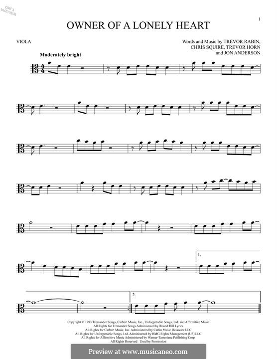 Owner of a Lonely Heart (Yes): For viola by Chris Squire, Jon Anderson, Trevor Horn, Trevor Rabin