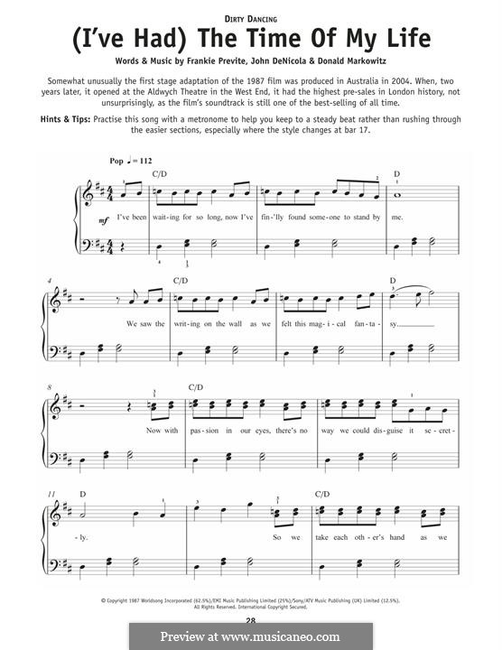 (I've Had) The Time of My Life (from Dirty Dancing): For piano by Donald Markowitz, Franke Previte, John DeNicola