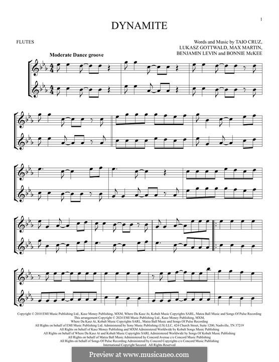 Dynamite (Taio Cruz): For two flutes by Benjamin Levin, Bonnie McKee, Lukas Gottwald, Max Martin