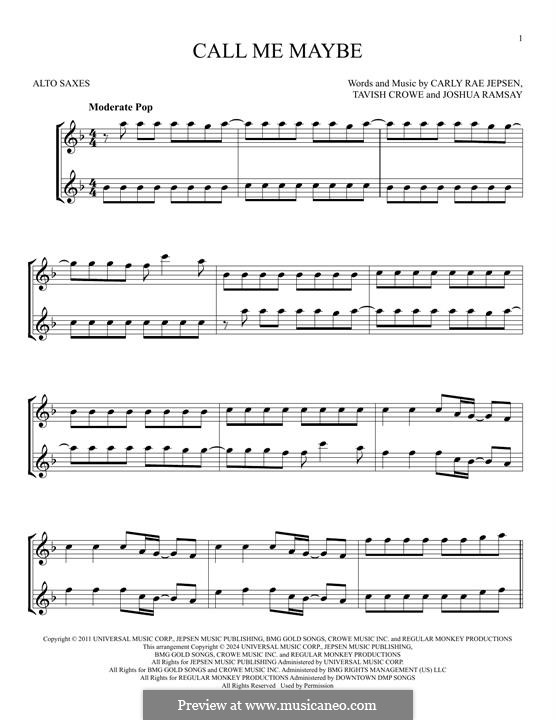 Call Me Maybe: For two alto saxophones by Carly Rae Jepsen, Joshua Ramsay, Tavish Crowe