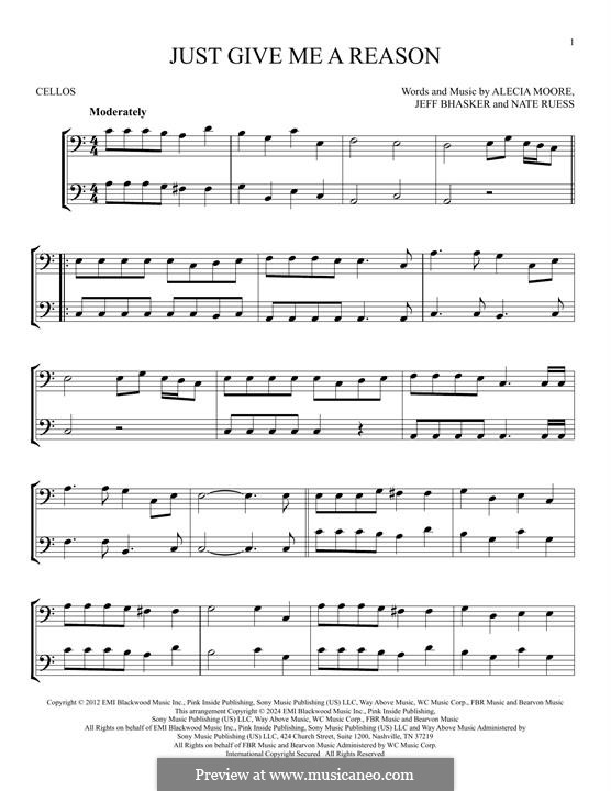 Just Give Me a Reason (Pink): For two cellos by Alecia Moore, Jeff Bhasker, Nathaniel Ruess