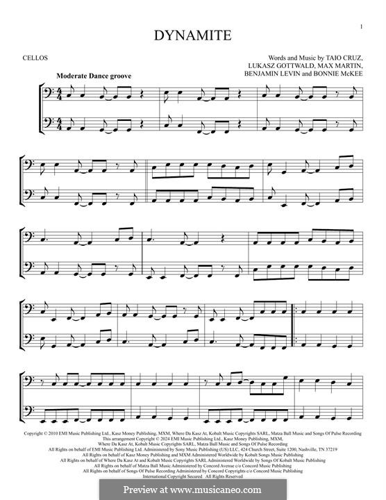 Dynamite (Taio Cruz): For two cellos by Benjamin Levin, Bonnie McKee, Lukas Gottwald, Max Martin