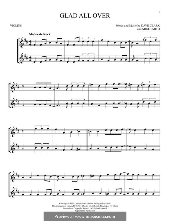 Glad All Over (The Dave Clark Five): For two violins by Dave Clark, Larry Michael  Smith