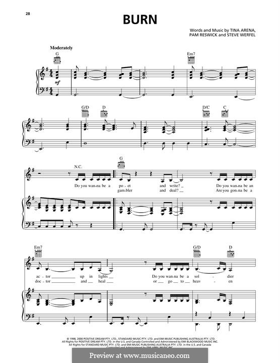 Burn (Tina Arena): For voice and piano (or guitar) by Pamela Reswick, Steve Werfel